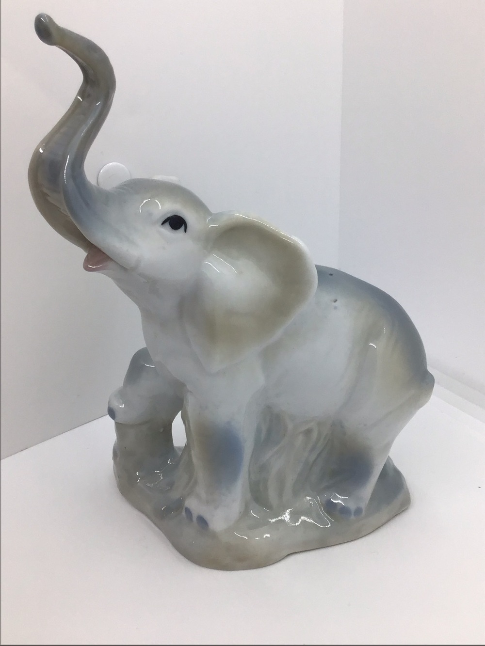 Vintage Poured Ceramic Baby Elephant Figurine White & Blue Hand Painted Details